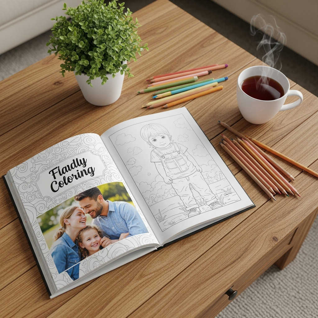Custom printed coloring book with family photos - professionally bound and shipped to your door